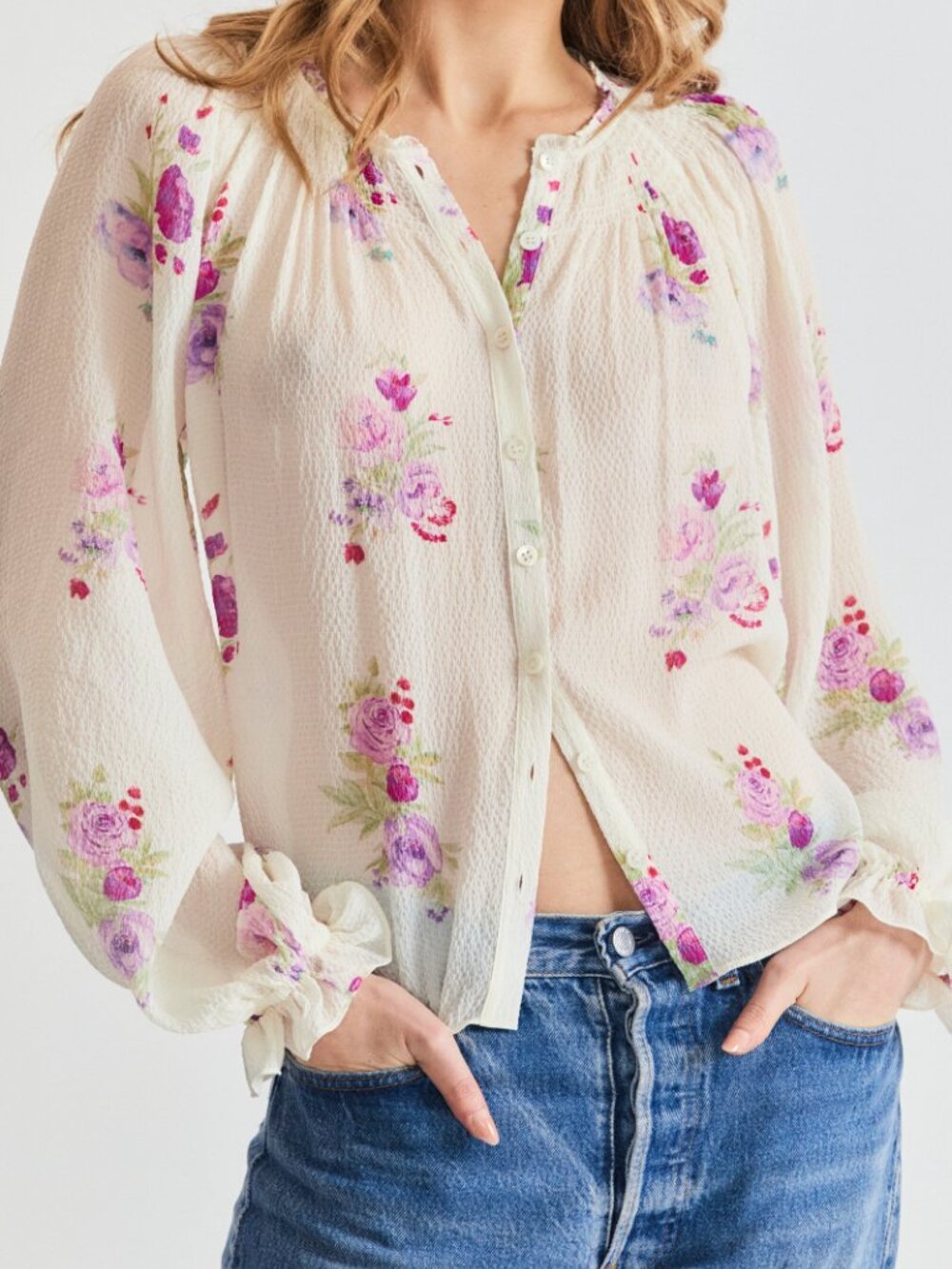 LoveShackFancy Braun Balloon Sleeve Silk Blend Blouse Floral Crinkle Chiffon S